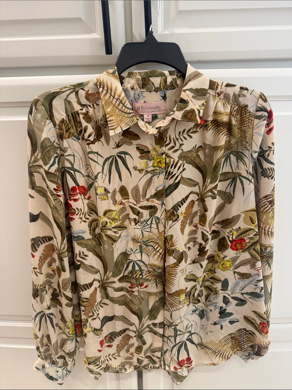 Philosophy Botanical Print Button-Down Shirt - Cream, Green & Red Accents